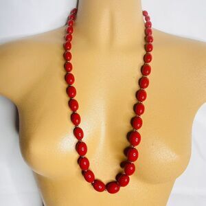 Vintage Monet Necklace Cherry  Red Gold Lucite Beads Beaded PRETTY ￼￼28” 4228